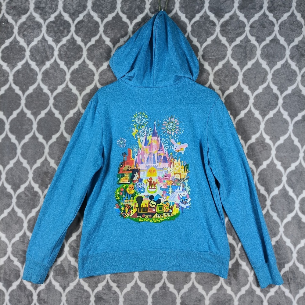 Disney Joey Chou Hoodie Size Large Blue Disneyland Zip Up Castle Graphic